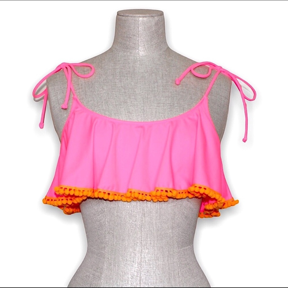 PINK Victoria’s Secret Pink Orange Pom Ruffle Tie Bikini Top Small